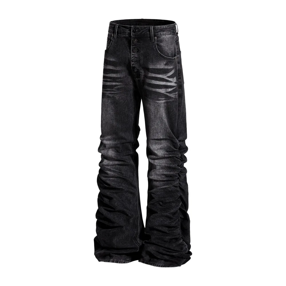 MWJLPWQ Unique Design Heavy Pleated Layered Jeans Men's Spring Autumn Loose Trendy Washed Slim Vintage Floor-Length Pants 17398