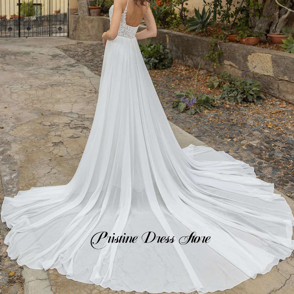 Bohemian Spaghetti Straps Chiffon Beach Wedding Dress Women Appliques Lace Square Collar Chapel Tain Bridal Gowns Customized