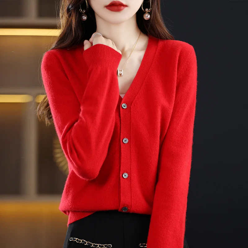 2024 Spring Women V-neck Cardigan Sweater 100% Merino Wool Knitwear Solid Soft Basic Coat Preppy Style Korean Popular Clothes