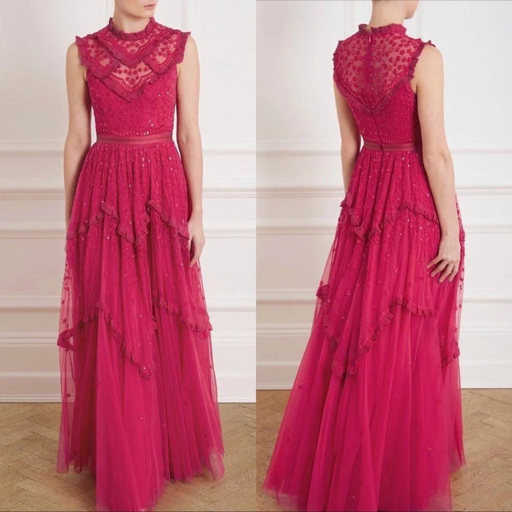 

Customized Modern Style Retro Tulle Sequined Beading Handmade Flower Straight High Collar Long Dresses Bespoke Occasion Dresses