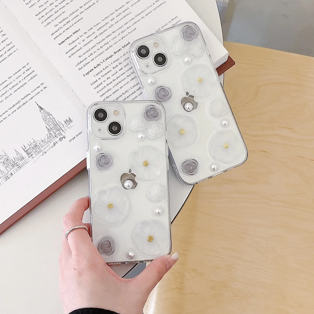 

Trendy Fashion 3D Flower Pearl Decoration Case For iPhone 12 13 14 15 16 17 Pro Max Plus Shockproof Shell Phone Cover