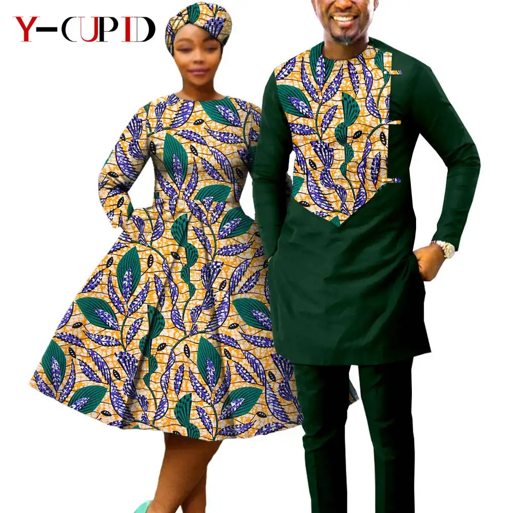 African Print Dresses for Women with Headwrap Matching Couple Outfits Dashiki Men Long Sleeve Pathwork Top and Pant Sets Y23C004