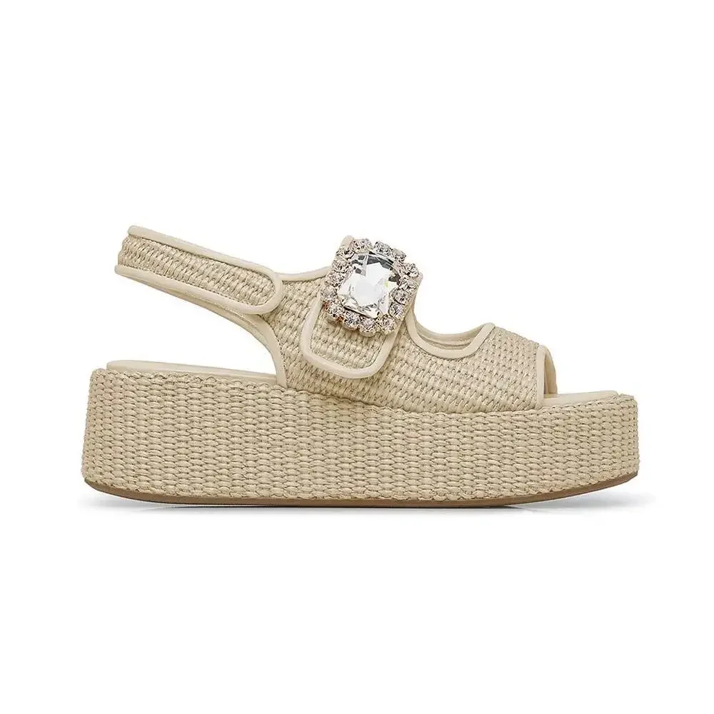 2025Summer New Women's Woven Open Toe High-heeled Sandals with Rhinestones, Fashionable Thick Sole, Comfortable Roman Sandals