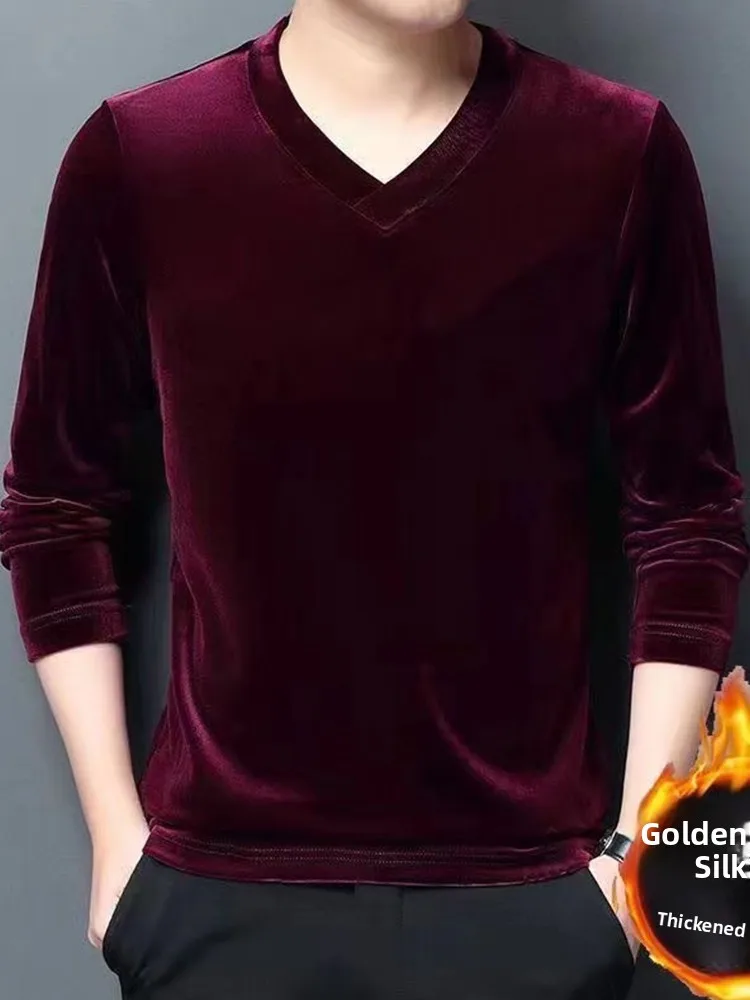 Men's Winter Thickened Fleece V-neck Gold Velvet  Color Slim Fit Long Sleeve T-shirt Base Shirt Large Size Warm Body Shirt