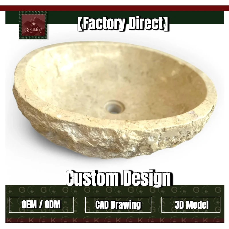 GOLDKING Luxury Villa Bathroom Beige Travertine Vessel Sink Oval Shape Natural Stone Basin Hand Carved Washbasin Custom