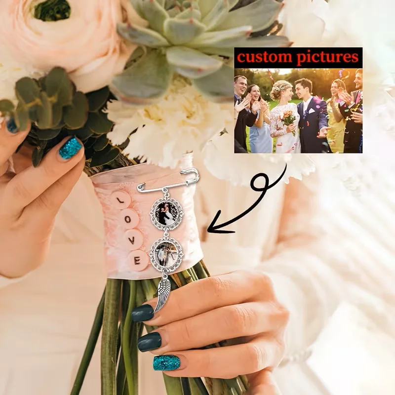 Custom image wing pendant wedding bouquet commemorative photo decoration, personalised image pendant charm
