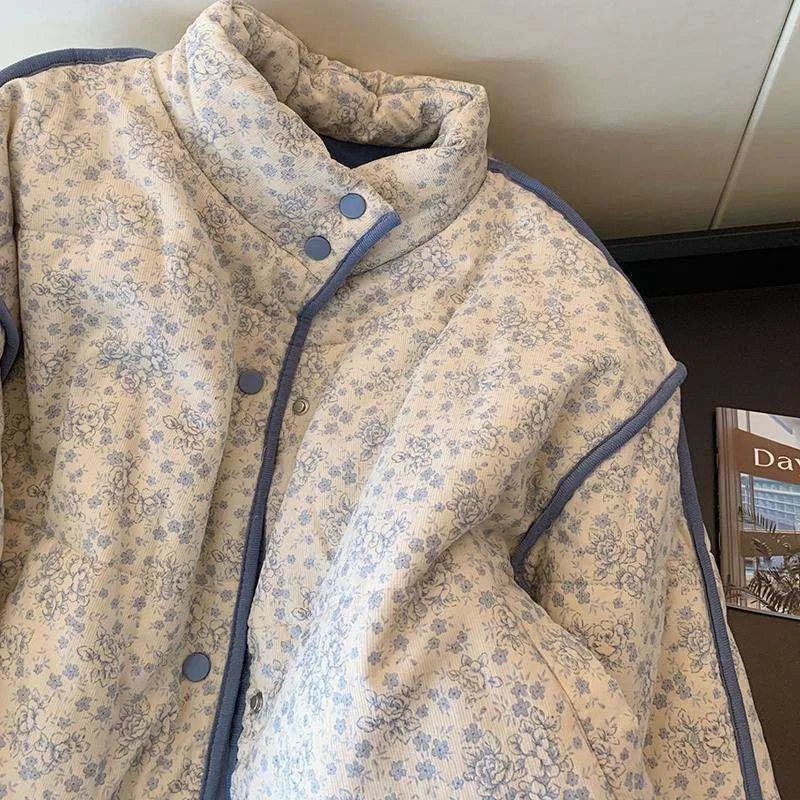 Blue Small Floral Light Core Velvet Spliced Cotton Jacket for Women in Winter 2025 New Loose Warm Korean Version for Commuting