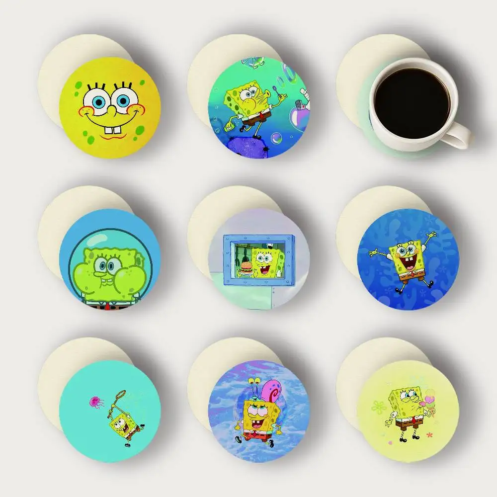 Cartoon S-SpongeBob Classics S-SquarePants 2D Wooden Coasters Heat Resistant Non-Slip Holiday Birthday Gift Durable