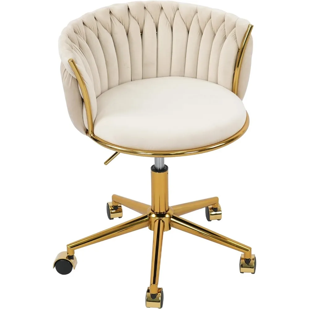 

Velvet Woven Home Office Chair, Modern Swivel Desk Chair with Wheels, Height Adjustable Vanity Chair with Gold Metal Base