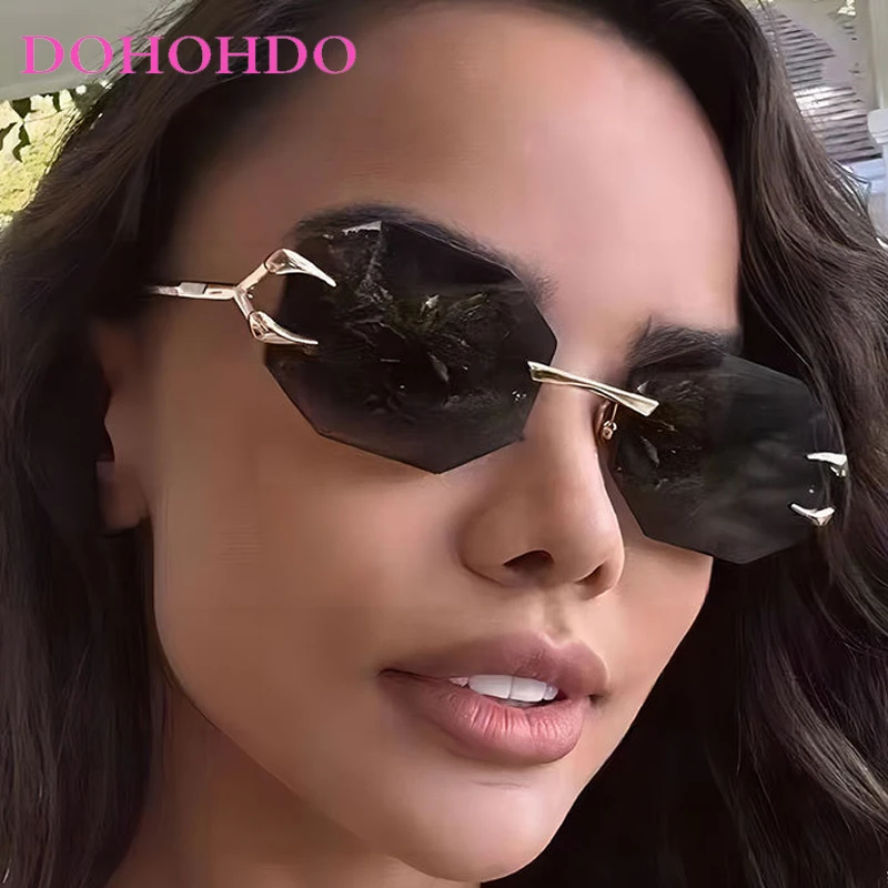 

2025 Luxury Y2K Punk Women Sunglasses Fashion Polygonal Rimless Metal Glasses Men Driving Shades Traveling UV400 Gafas De Sol