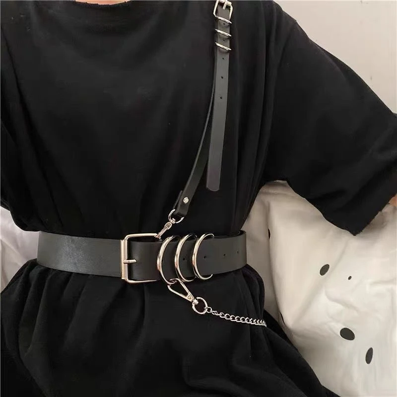 New Korean Punk Style Detachable Chain Belt Men Women Black PU Leather Harness Chain Belt Goth Corset Waist Belt Accessories view 6