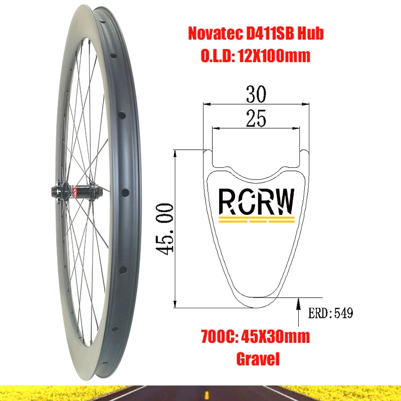 700C Gravel Off-Road 45X30mm Front Carbon Wheelset 24 Hole Rim Deep 45 Wide 30 Novatec D411SB Hub Pillar Wing20 Spoke MV Nipples