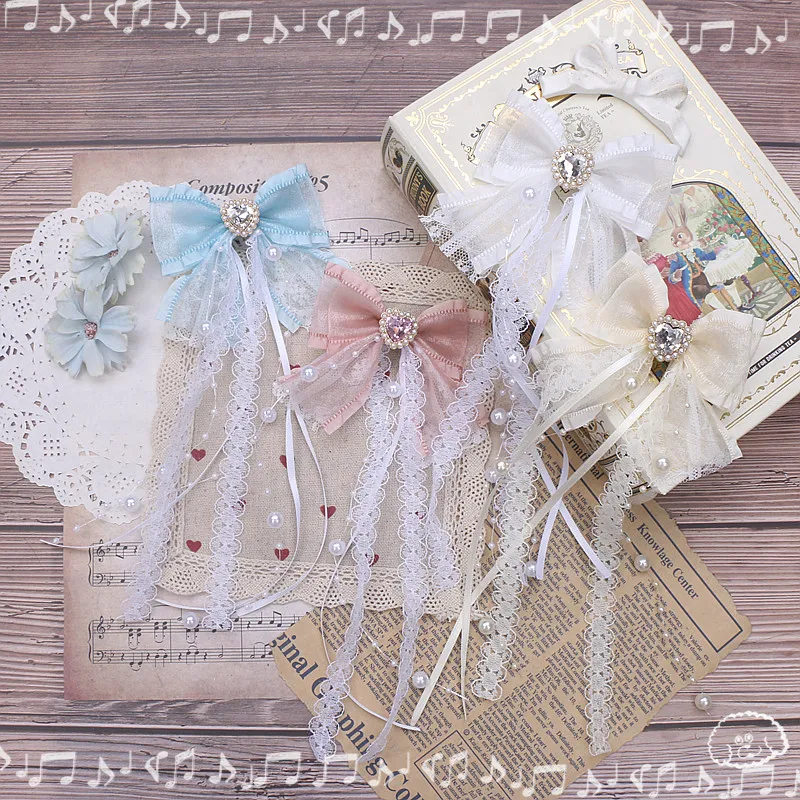

2Pcs Lolita Style Hairclips Y2K Girl Long Pendant Bow Lace Ribbon Bowknot Hair Clip with Beads Pendant Hair Pins Accessories