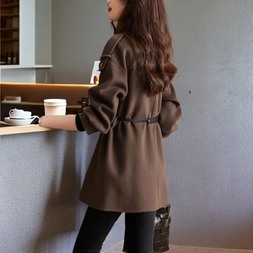 

Women's High-End Woolen Coat Korean-Style Fashion Loose Lace-Up Autumn Winter New