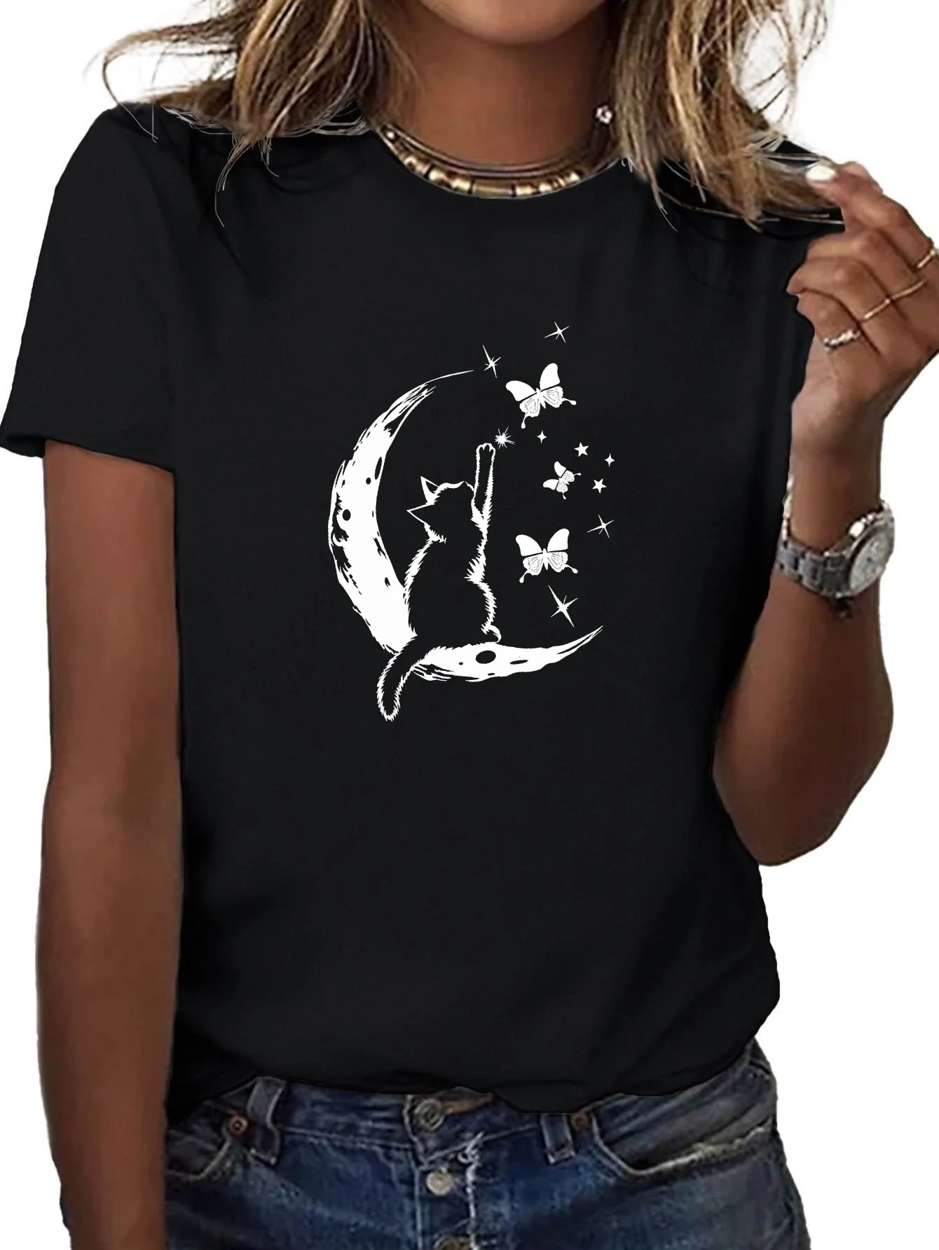 Women's Soft T-Shirt with Stylish Cat Moon Illustration print Comfort Fit Crew Neck Short Sleeve Casual summer fashion Clothing