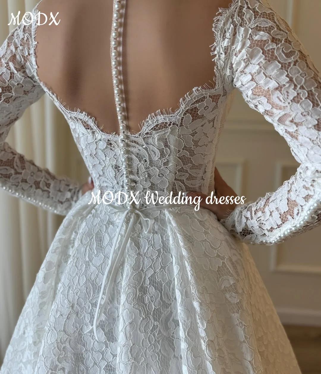 MODX فستان زفاف رائع من الدانتيل الأبيض كلمة على شكل قلب ثلاثية الأبعاد زهرة كم طويل فستان زفاف رسمي vestidos de novia مخصص