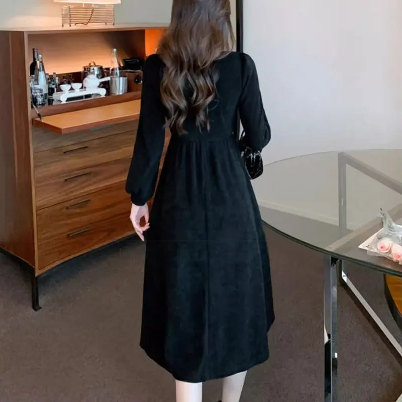 French Style Vintage Round Neck Dresses Female Clothing Fashion Asymmetrical Spring Autumn Elegant A-Line Long Sleeve Midi Dress