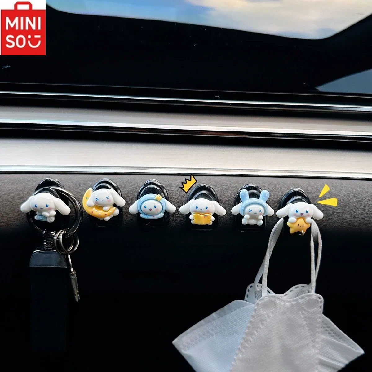 MINISO Sanrio CinnamonDog Car Front Center Console Storage Hook Kawaii Puppy Sticky Hook Cartoon Car Interior Decoration Pendant