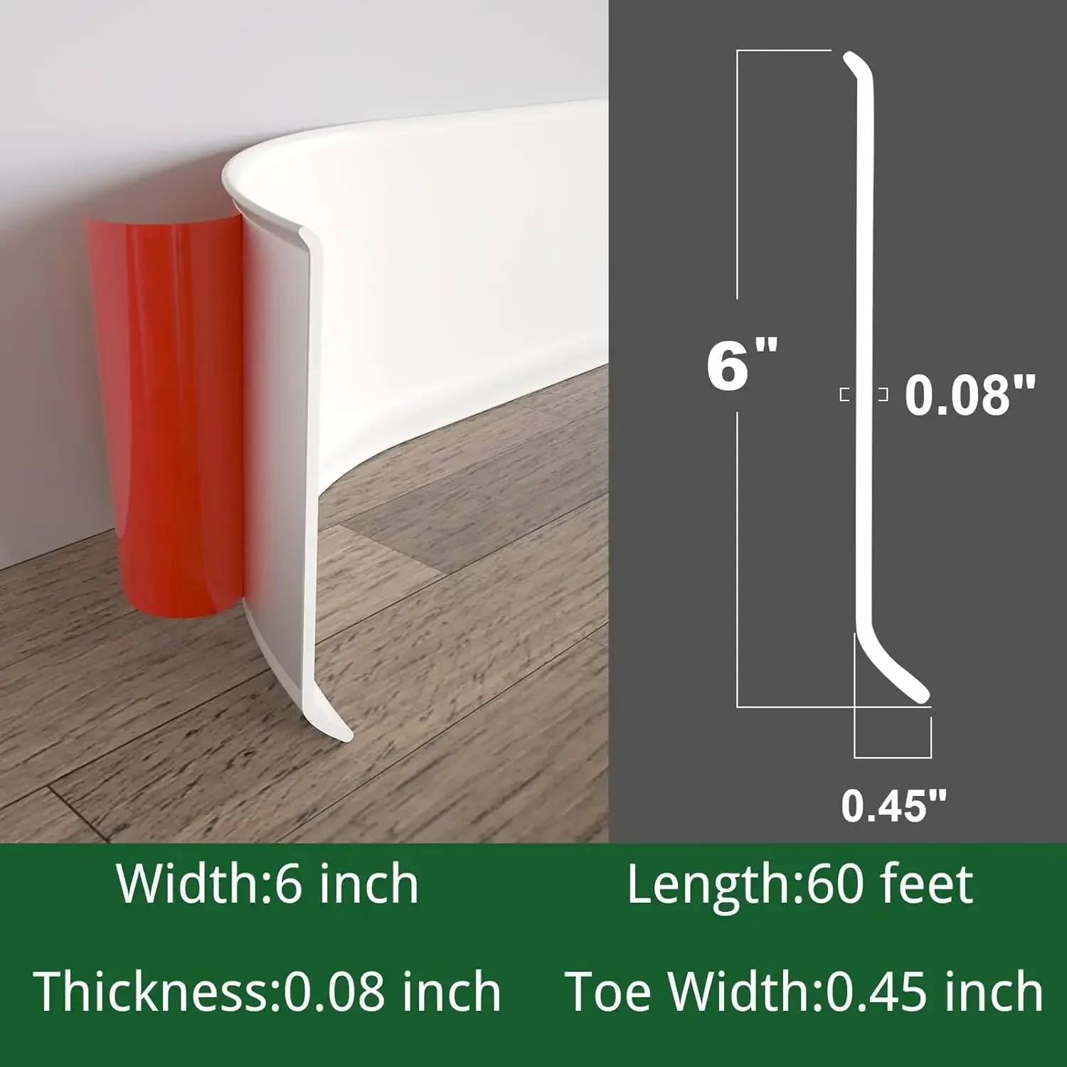 Flexible Baseboard Molding Trim, 6 Inch x 60 Feet Peel and Stick Vinyl Wall Base Cove Base, Self-Adhesive Rubber Wall Base Mould