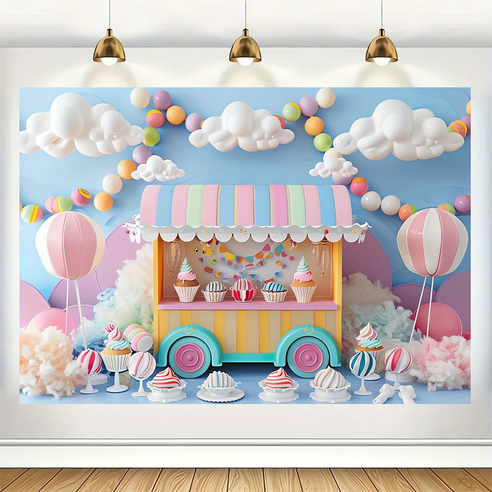 Sweet Ice Cream Theme Backdrop Dessert Lollipop Rainbow Photography Background Girl\'s Birthday Party Cake Table Decor Banner