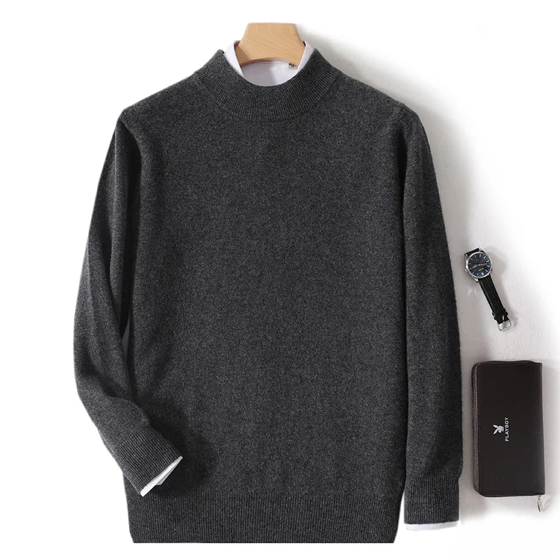 Classic Men Knitted 100% Australian Wool Pullover Sweater Half High Neck Long sleeves Anti-pilling Thick Business Basic tops