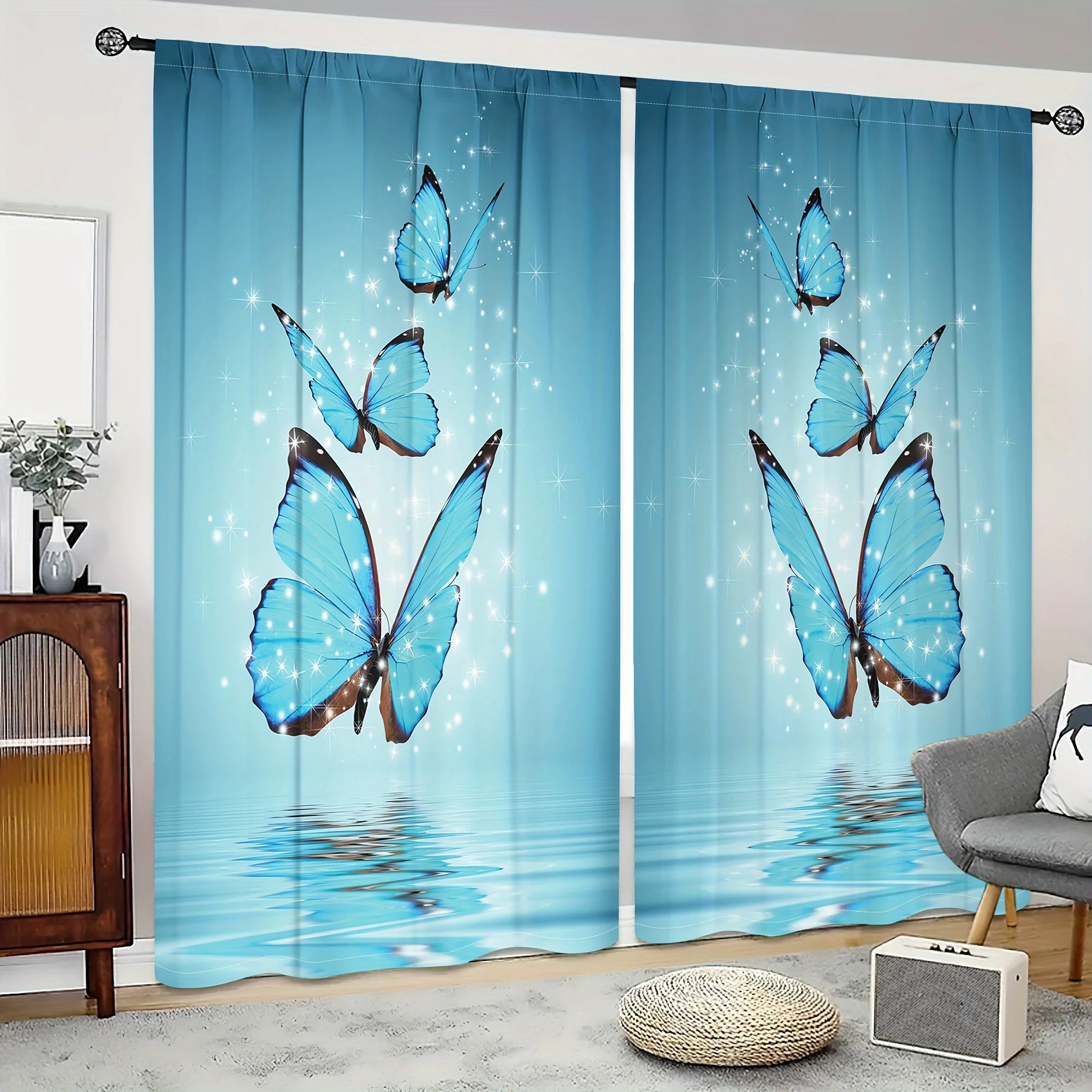 

2pcs Butterfly Pattern Curtains Decorative Window Drapes Rod Pocket Window Treatment For Bedroom Living Room Study Home Decor