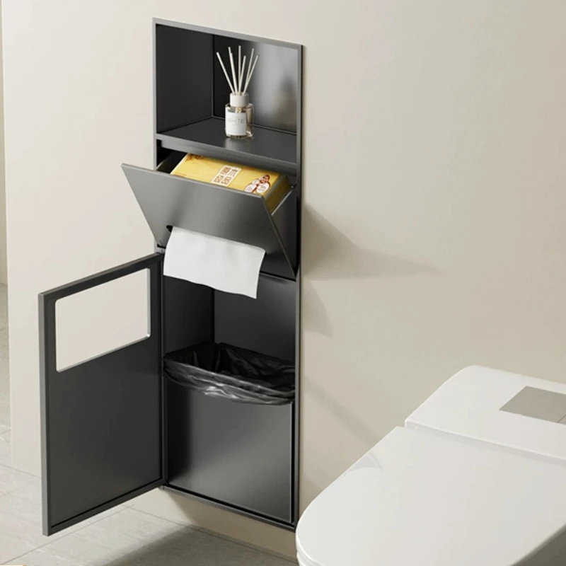 Seamless Welded Recessed Box, Stainless Bathroom Tissue Holder, Dustproof Trash Cabinet with Door, Scratch Resistant Wall Niche