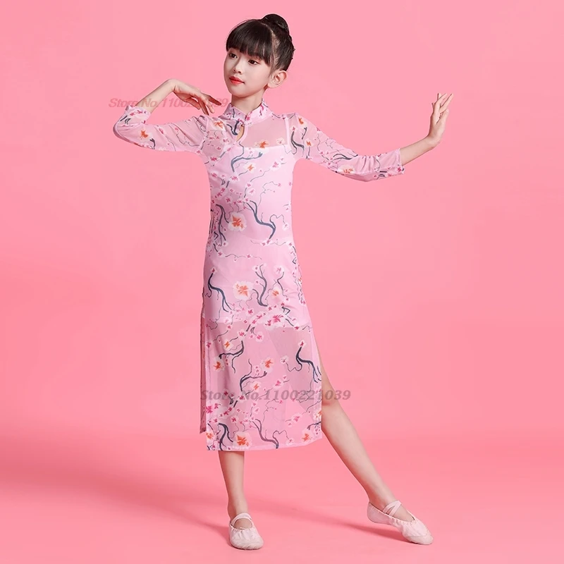 2025 chinese vintage children dance dress flower print qipao cheongsam dress traditional stage performance dance qipao dress