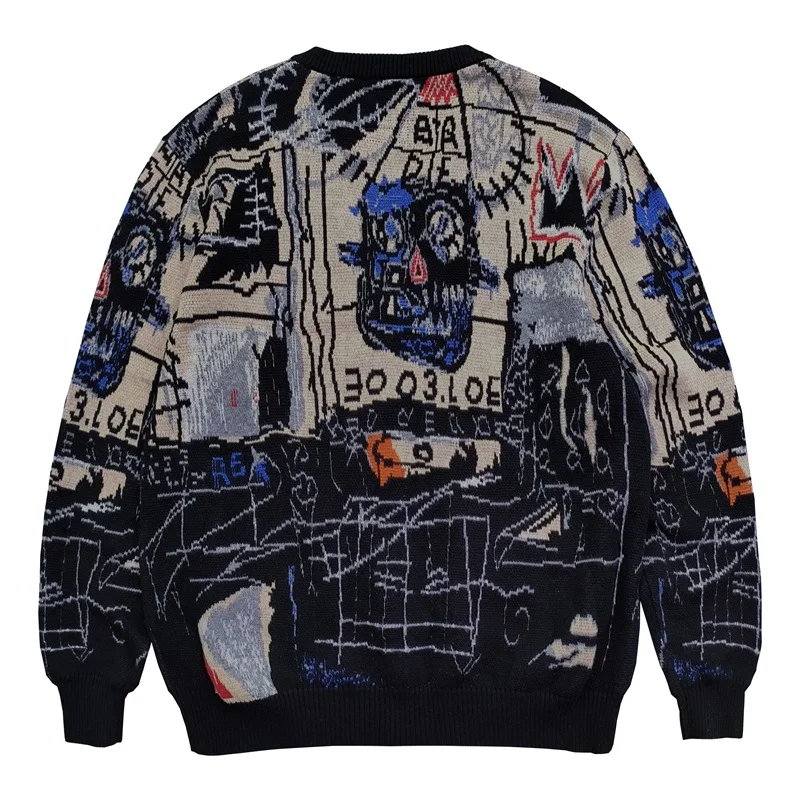 معطف كلاسيكي مطبوع عليه جرافيتي للرجال والنساء سترات يابانية برقبة على شكل حرف V فضفاضة غير رسمية محبوكة ملابس كبيرة الحجم