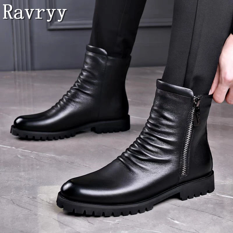 

High Top Round Toe Men's Ankle Boots Popular Brand Chunky Sole Leather Boots Winter Men's Chelsea Boots Motorcycle Shoes