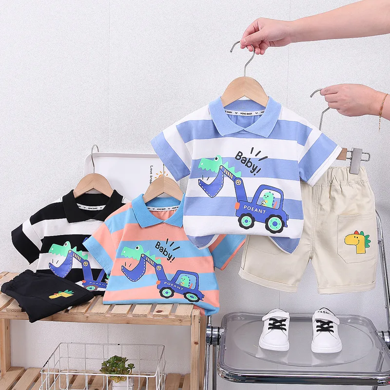 New Summer Baby Boy Clothes Set Children's Fashion Striped Cartoon Polo+ Shorts 2-Piece Suits Kids Clothing Traksuit 0-5 Year