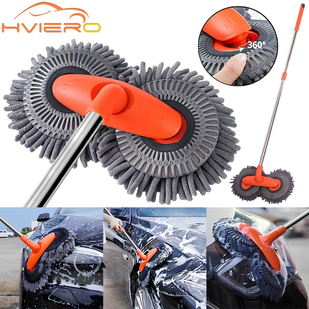 1pcs Multifunctionele Auto Reinigingsborstel Wasmachine Mop Chenille Dubbele Borstelkop Dak Venster Schoon Driedelige Telescopische Wassen tool