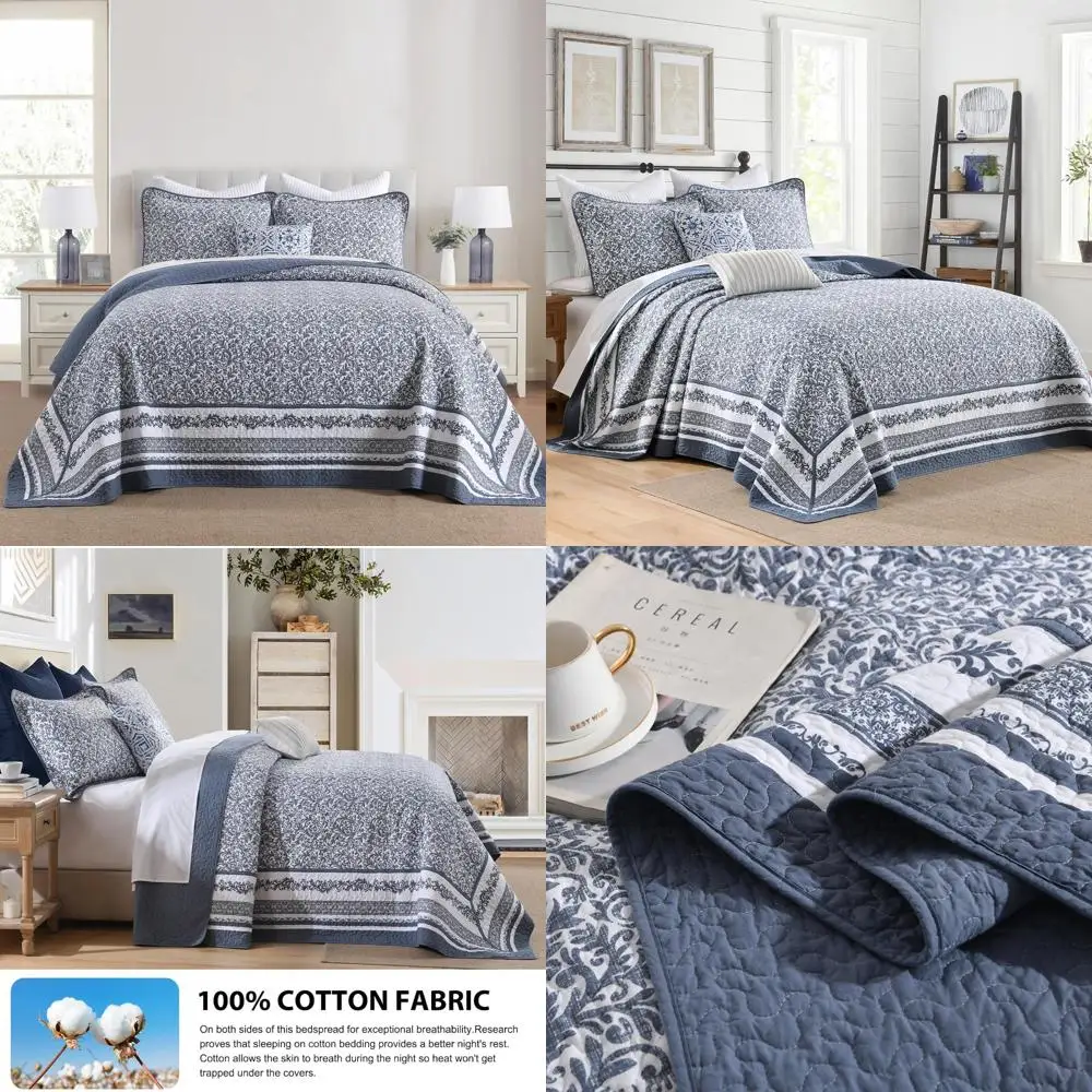 

King Size Extra Wide Cotton Quilt - 120 Wide x 120 Long with 2 Pillow Shams, Botanical Reversi Pattern