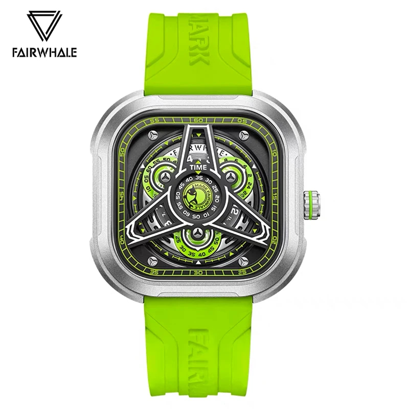 2023 New Fashion Green Watch For Mens Sports Silicone Strap Waterproof Square Quartz Wrist Watches Luxury Brands Mark Fairwhale