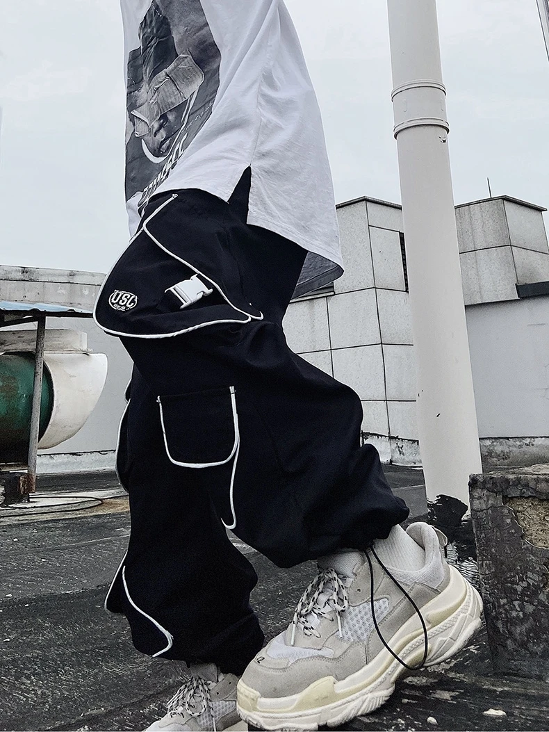 

Hip Hop Skateboard Pants Fashion Brand Loose Casual Large Size Sports Trousers Multi-Pocket Straight Ankle-Tied Overalls Men