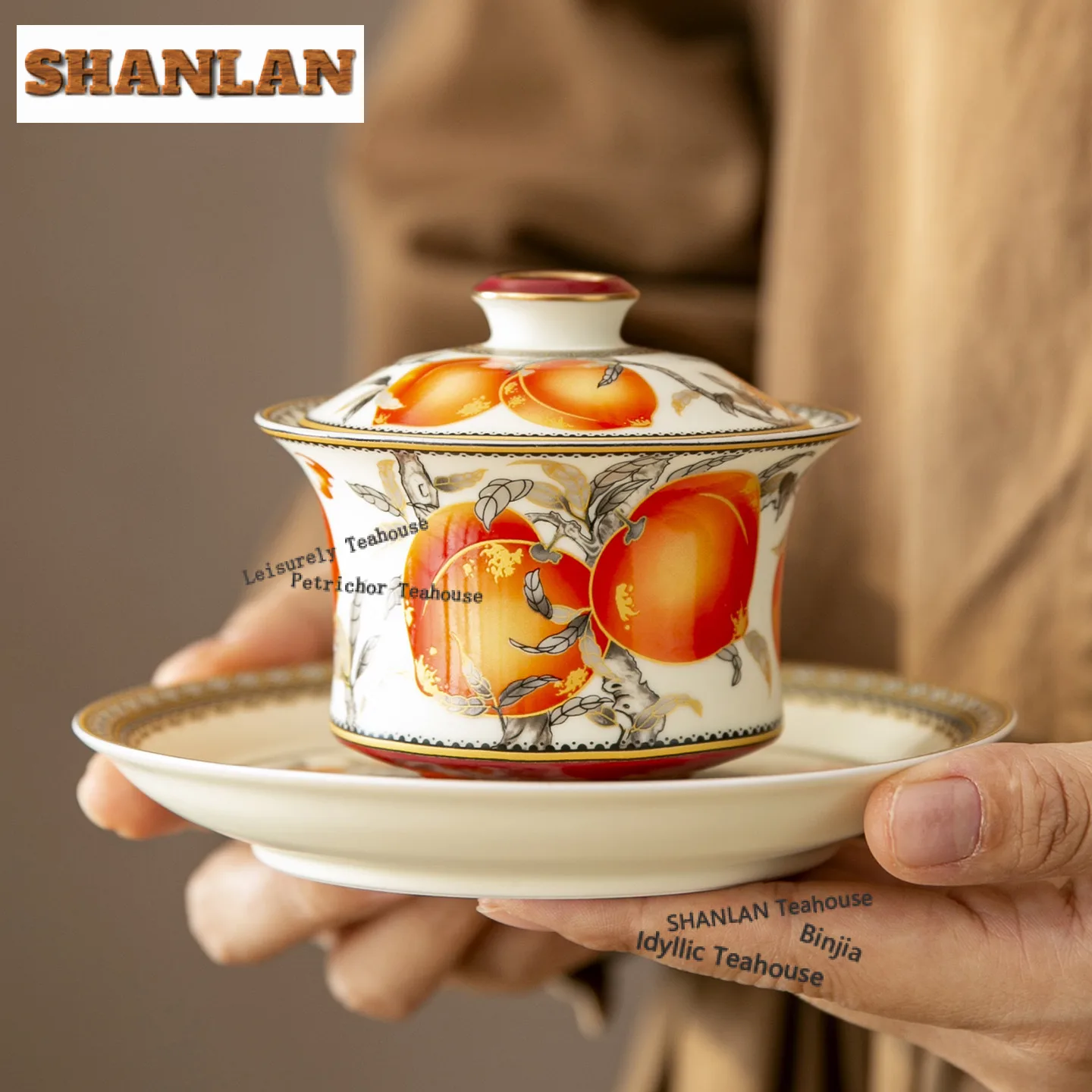 150ml Retro Cream Nine Longevity Peach Gaiwan Tea Tureen Tea Bowl With Lid Kit Tea Making Cover Bowl Chinese Tea Set Decoration