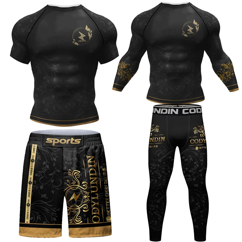 MMA Jiu Jitsu T-shirt + zestaw spodni Bjj Rashguard mężczyźni brazylijski Grappling Muay Thai spodenki odzież Gi Kickoxing Muay Thai koszulki