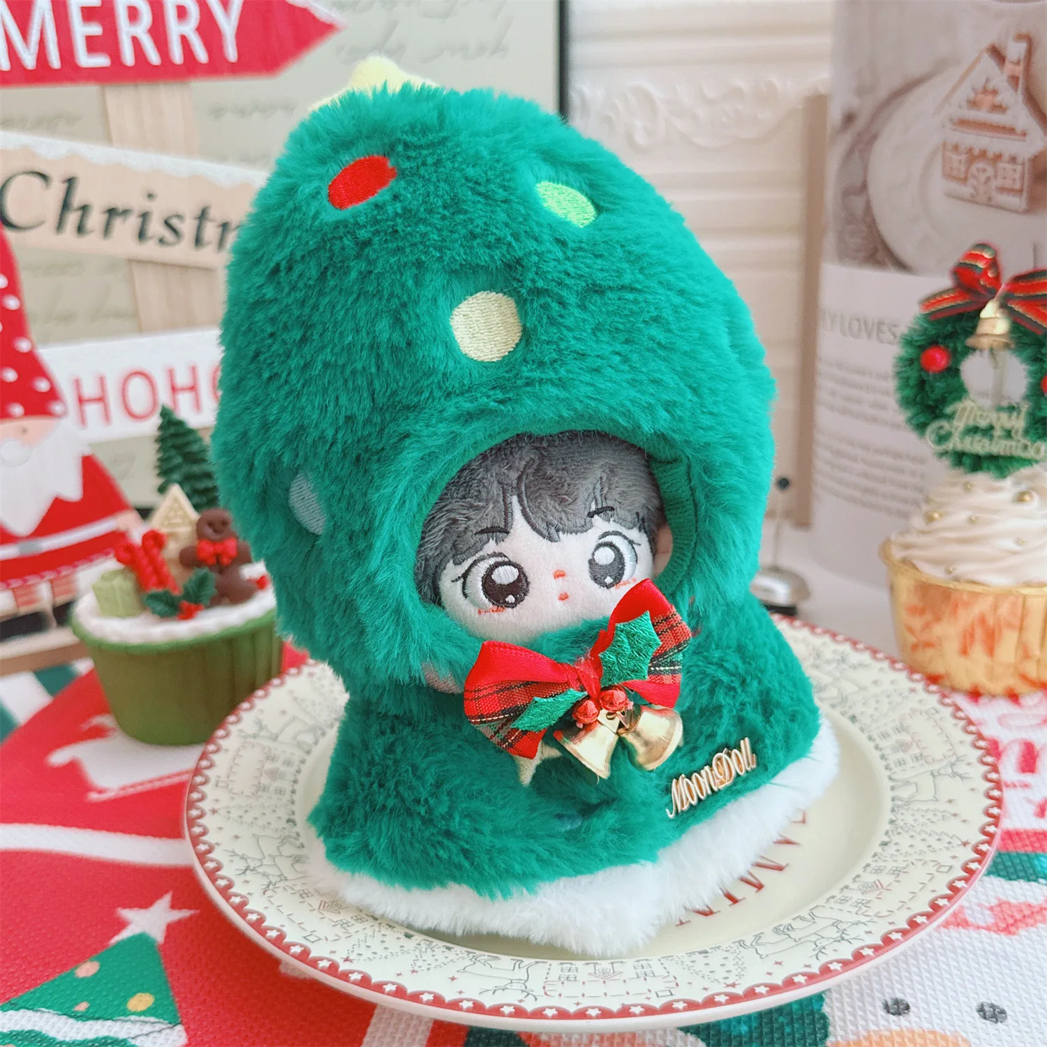 

10 см Kawaii зеленое пальто для рождественской елки, мини-кукла-идол, аксессуары для одежды, милая плюшевая кукольная одежда, Рождественский декор