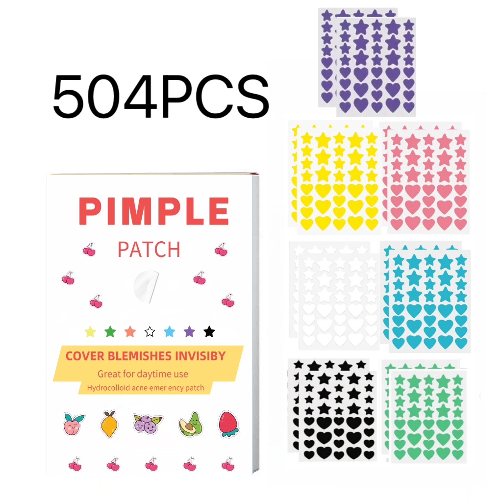 504Pcs Multi Color Star & Heart Hydrocolloid Pimple Patches Invisible Waterproof Blemish Spot Stickers Cute Fruit Cherry Cartoon
