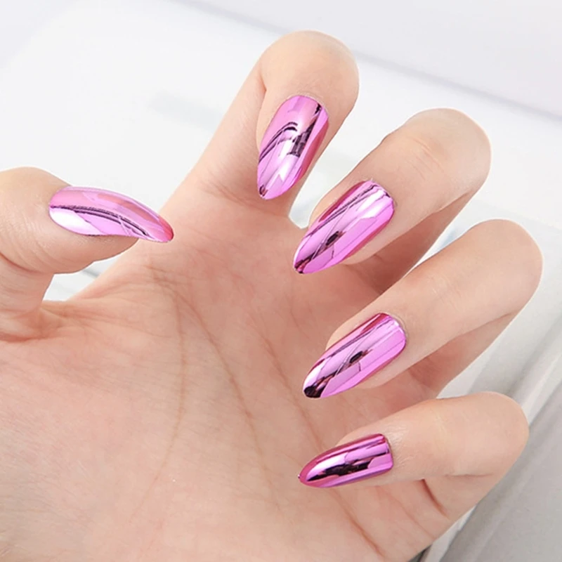 24Pieces Press On Nails Chrome Coffin Full Cover Nail Tips Reusable Aurora Artificial Nails Fake Nails for Nail Art