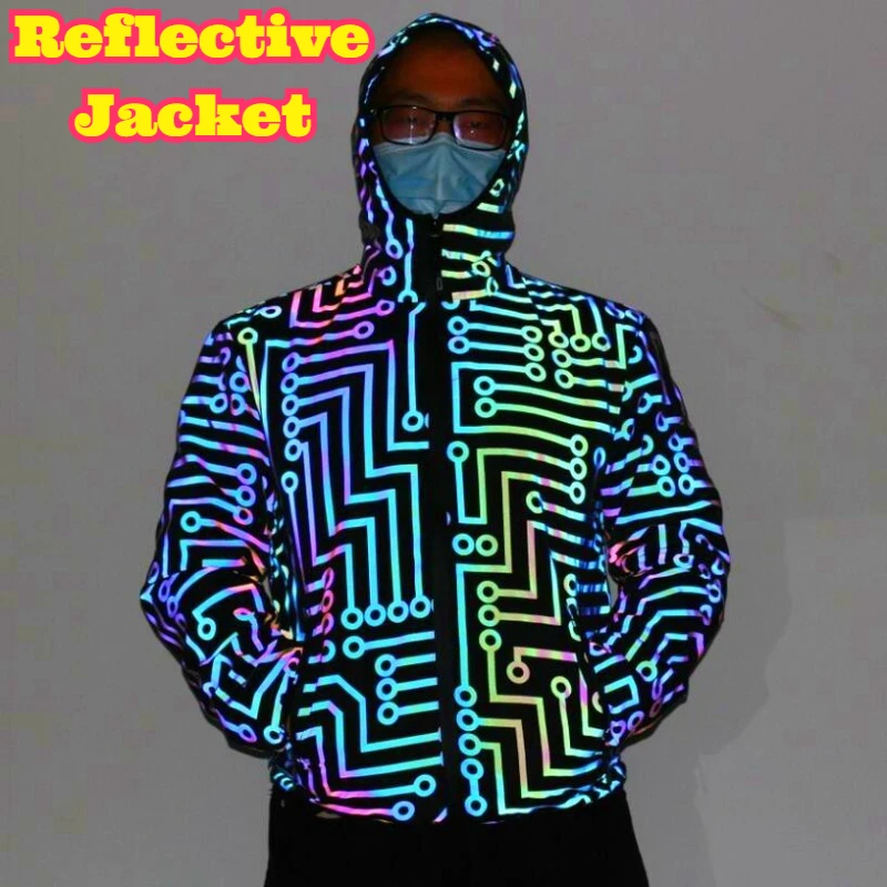 سترة عاكسة مطبوعة على شكل دائرة بألوان قوس قزح ملابس هيب هوب للرجال والنساء سترة واقية للسلامة الليلية في الهواء الطلق معطف أنيق للجنسين
