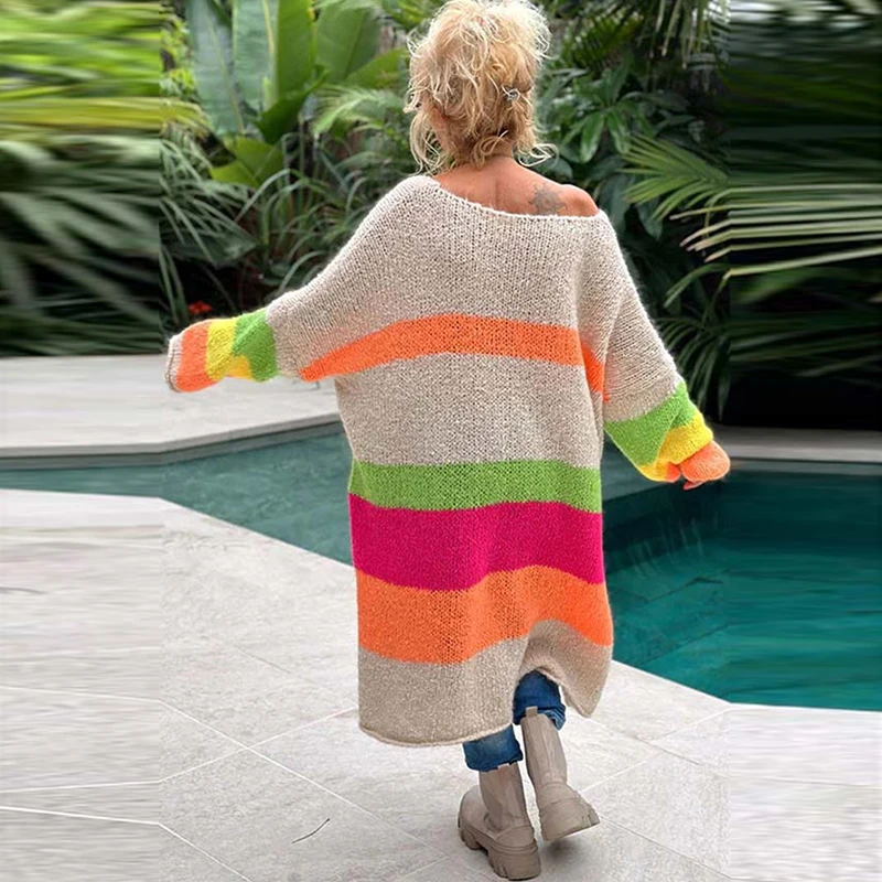 Casual V Neck Long Sleeve Knitted Dress Fashion Rainbow Stripe Dopamine Women Sweater Autumn Ladies Loose Long Pullover Dresses