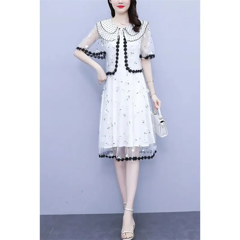 2024 Sunscreen Shirt, Floral Two-piece Suit Dress For Women\'s Summer New Chubby MM Super Fairy Doll Neck Embroidered Mesh Dress