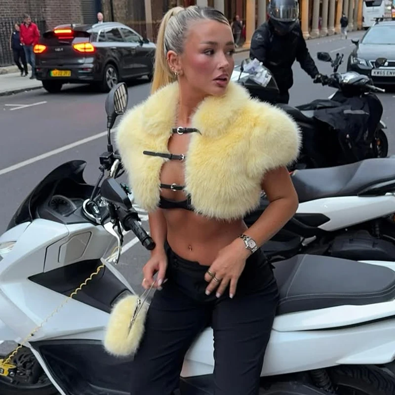 Jaket Pendek Bulu Imitasi Trendix Wanita 2026 Baru Model Berongga Tanpa Lengan Cardigan Mantel Pesta Seksi Klub Atasan Crop Bertali Hot Girls