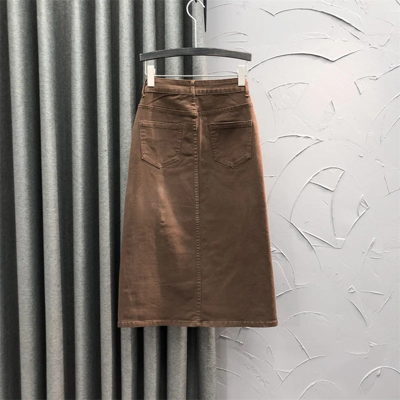 

Cé Brown High Waist Midi Casual Denim Skirt Women's Faion Simple Slit A-Line Skirt Spring New Sle f-length Body...