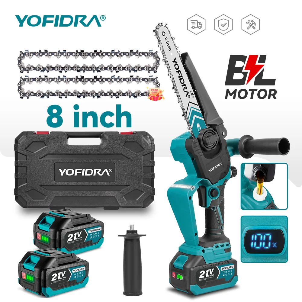 YOFIDRA Bürstenlose 8-Zoll-Elektrokettensäge 4500W mit Digitalanzeige, Holzbearbeitungs- und Beschneidungssäge, Schneidwerkzeug für 21V-Akku