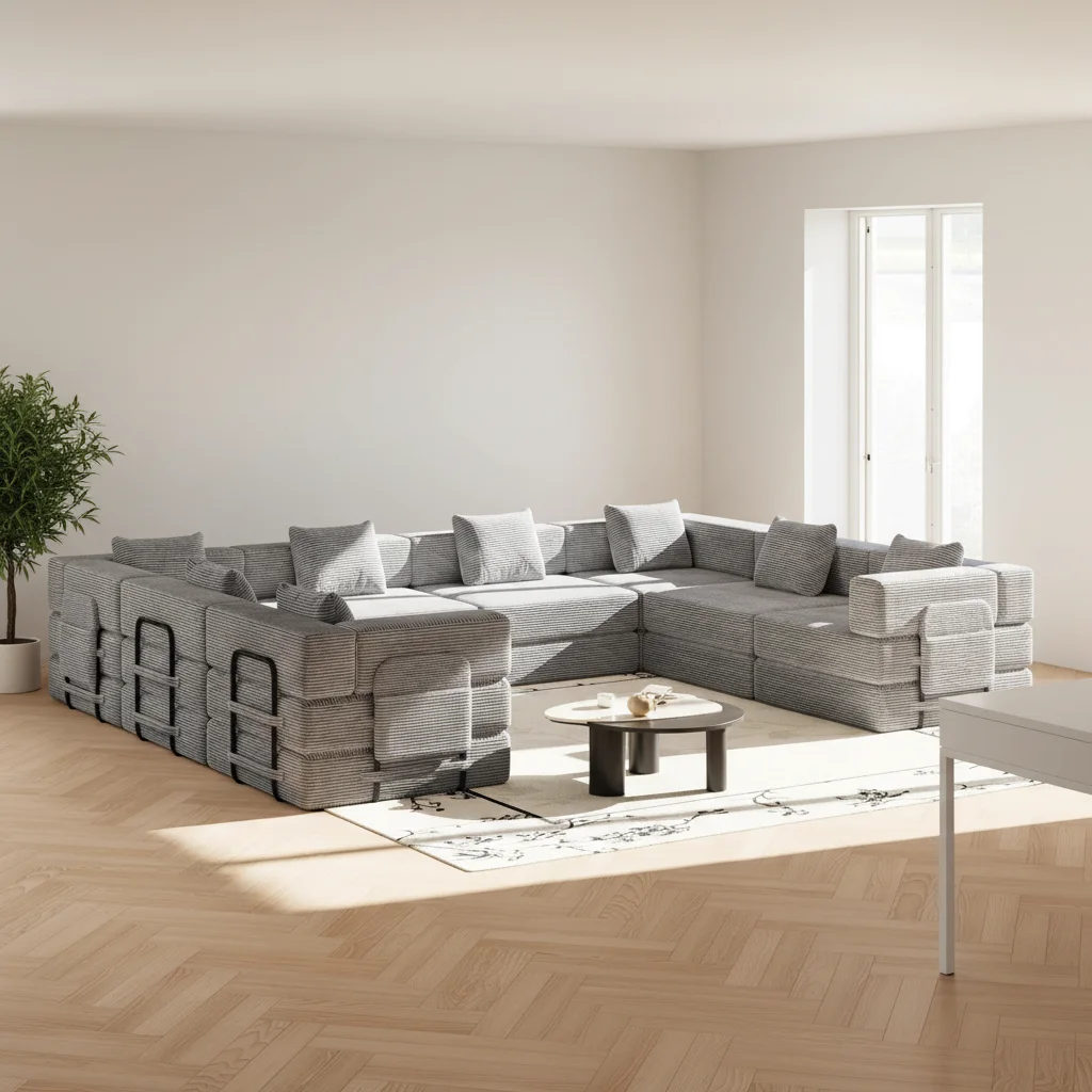 #Striped Fabric U Shaped Modular Sectional Sofa Oversized Deep Seat Plush Cushions with Portable Handles for Modern Living Room