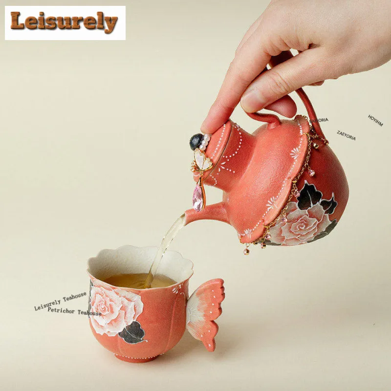 230ml Hand-painted Peony Flower Teapot Luxury Tea Infuser Pot Tea Soaking Kettle With Ball Hole Tableware Accessories Collection