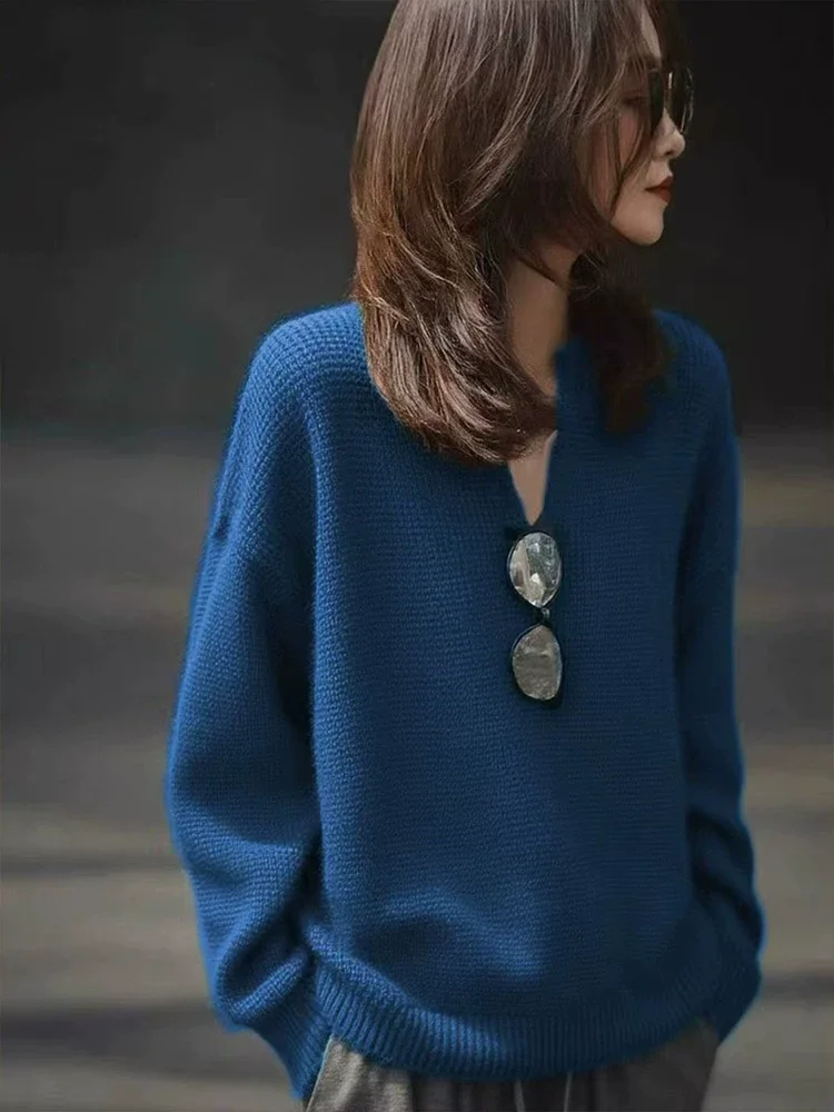 

Синий вязаный свитер Klein с v-образным вырезом, женский свободный крой, ленивый крой, ранняя осень, высококачественный топ Faion Sensation