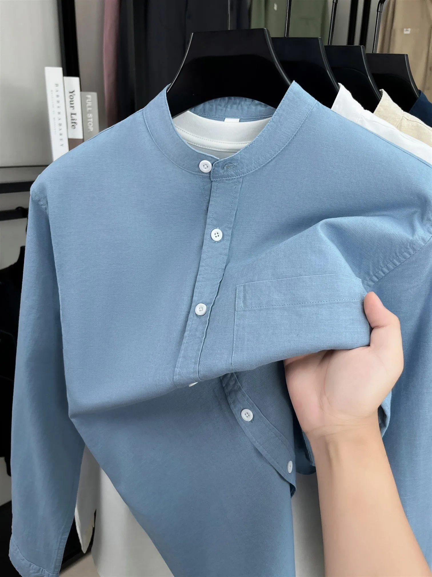 

Lin Cotton Linen Мужская Long Sve irt American Sle Повседневная круглая дышащая верхняя одежда белого цвета в летнем стиле Stand Fit irt